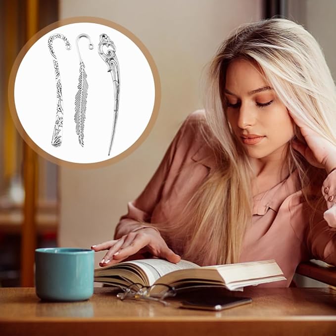 13pcs/Set Metal Bookmark for Women Men, Hairpin Hook Antique Tibetan Silver Carved Hook Bookmarks with Loop, Unique Charm Book Marker for Book Lovers Unique Gift