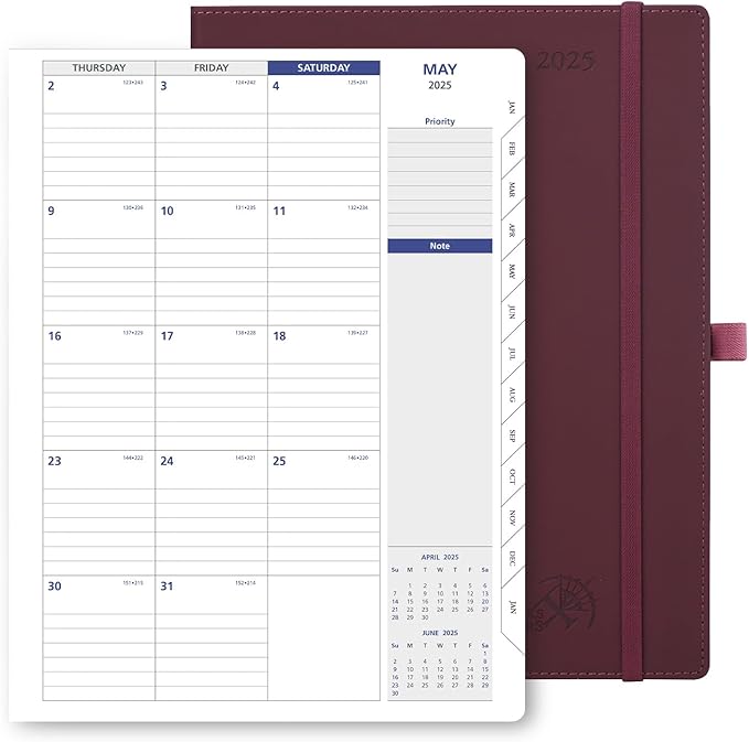 POPRUN 2025 Monthly Calendar 8.5" x 11", Large Writing Space Monthly Planner with PU Leather Soft Cover, Dual Pockets, Monthly Tabs, 100GSM Thick Paper, Sunday Start - Claret
