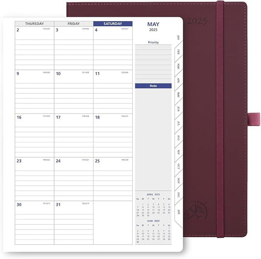 POPRUN 2025 Monthly Calendar 8.5" x 11", Large Writing Space Monthly Planner with PU Leather Soft Cover, Dual Pockets, Monthly Tabs, 100GSM Thick Paper, Sunday Start - Claret