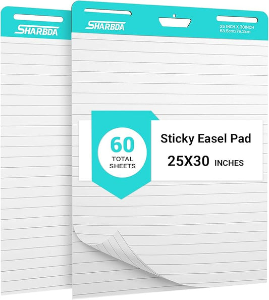Lined Sticky Easel Pad, 25 in x 30 in,Flip Chart Paper,Sticky Chart Paper for Teachers, Large Self-Stick Easel Paper,Super Sticky & Bleed-Resistant,30 Sheets/Pad,2 Pads