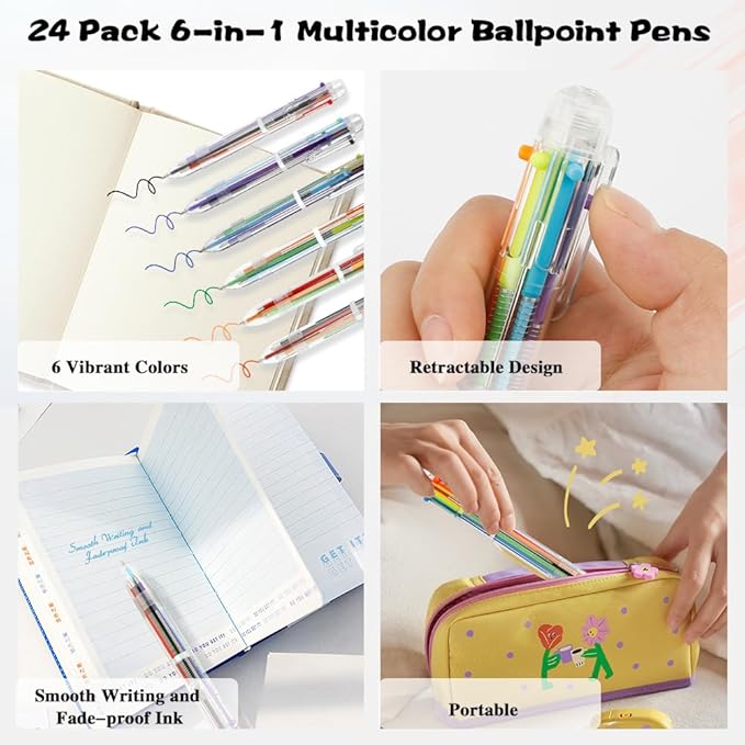 24 Pack Multicolor Pen 0.5mm 6-in-1 Multicolor Ballpoint Retractable Pens for School Office Supplies Birthday Easter Party Favors for Kids Students Children Gift End of Year Gifts for Students Teacher