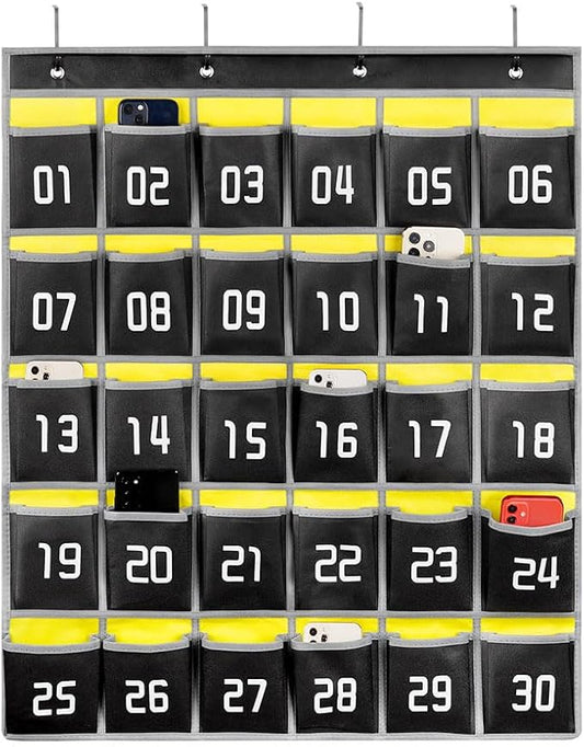 Loghot Numbered Classroom Sundries Closet Pocket Chart for Cell Phones Holder Wall Door Hanging Organizer (30 Pockets Black)