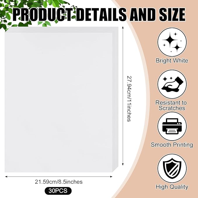 Washi Paper Sticker Paper White Printable Multipurpose Copy Paper Inkjet Printer Compatible Full Sheet Letter Size Labels(30 Pcs,8.5 x 11 Inches)