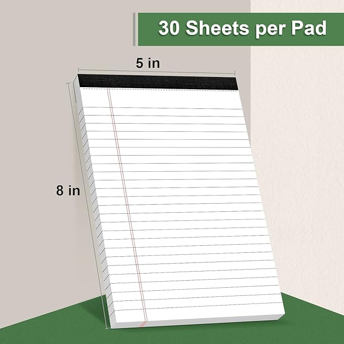 8 Pack Legal Note Pads 5 x 8 Inch Small Writing Pads College Ruled Notepad, White Legal Pads for Work or School, 30 Sheets/Pad, Perforated Recycled Note Paper for Note-Taking, Grocery List