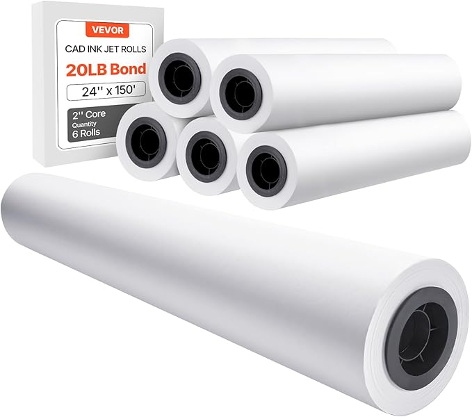 VEVOR Wide Format Paper, 24 in x 150 ft Plotter Paper, 6 Rolls CAD Bond Rolls with 2 in Core, 20 LB Bond Paper Rolls, Idea for CAD Drawings, Engineering Plans, GIS Maps & Architectural Designs