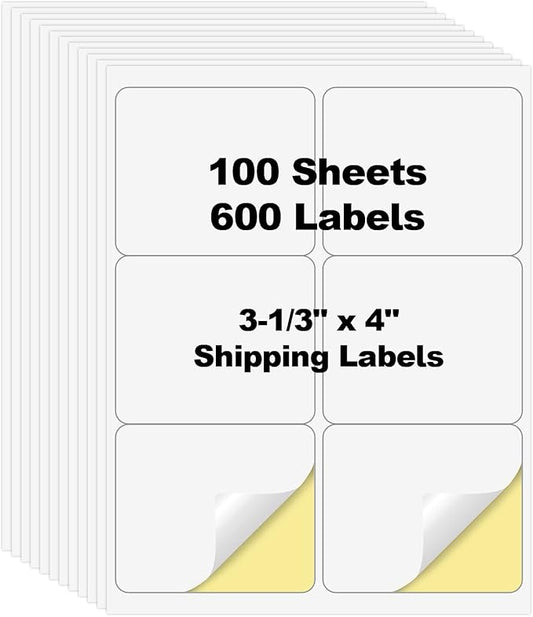 600 Labels 6 UP Labels,4" x 3-1/3" Shipping Address Labels for Laser & Inkjet and Copier Printer, 100 Sheets 6 Labels per Page Sheets Blank Mailing Labels, 6 per Sheet Barcode Labels Sticker