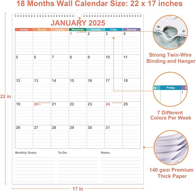 Large Calendar 2025-2026 with Spiral Bound - 18 Month Big Calendar from Jan 2025 to Jun 2026, Vertical Large Monthly Calendar 2025-2026 for Wall, Calendario 2025, 22" x 17", Colorful