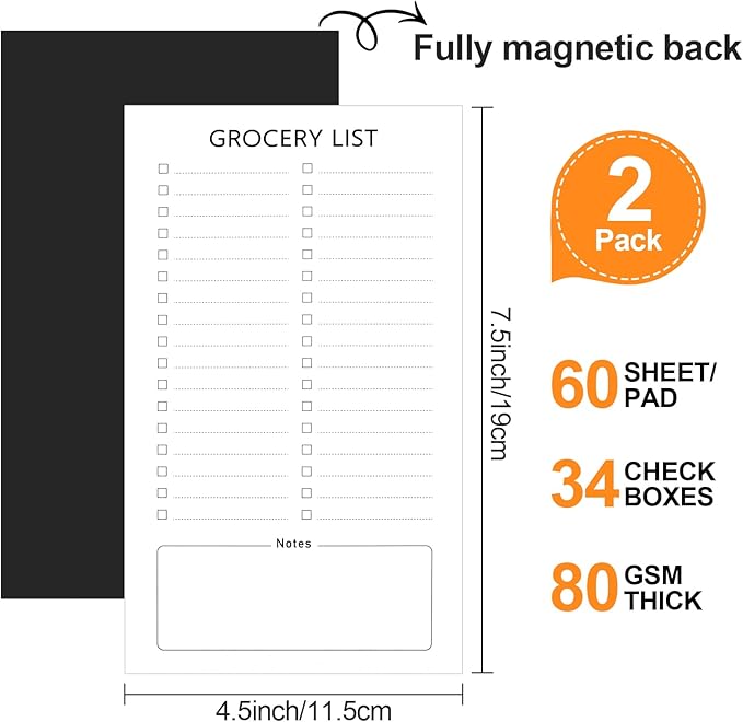 Joyberg Grocery List Magnet Pad for Fridge, 2 Pack Magnetic Notepads for Refrigerator, Magnetic Grocery List Pad for Fridge, Full Magnet Back Shopping Lists, 60 Sheets Per Note Pads