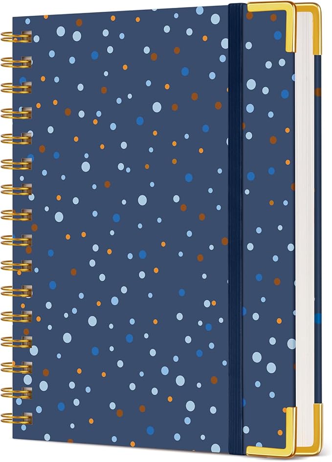 Cute Spiral Notebook Journal for Women, 160 Pages Lined Notebooks 5.75” x 8.38”, A5 Hardcover Spiral Journals with 100 GSM Thick Paper, College Ruled Notebook for Writing Work School, Navy Dots
