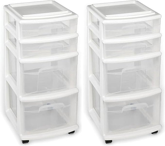 Homz Clear Plastic 4 Drawer Medium Home Storage Container Tower w/2 Large and 2 Small Drawers, and Removeable Caster Wheels, White Frame (2 Pack)