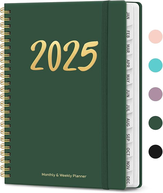 2025 Planner, Weekly and Monthly Planner Spiral Bound, Jan 2025 - Dec 2025, Hardcover 2025 Calendar Planner Book with Tabs, Inner Pocket, Perfect for Office Home School Supplies - A5 (6.3" x 8.5"), Green