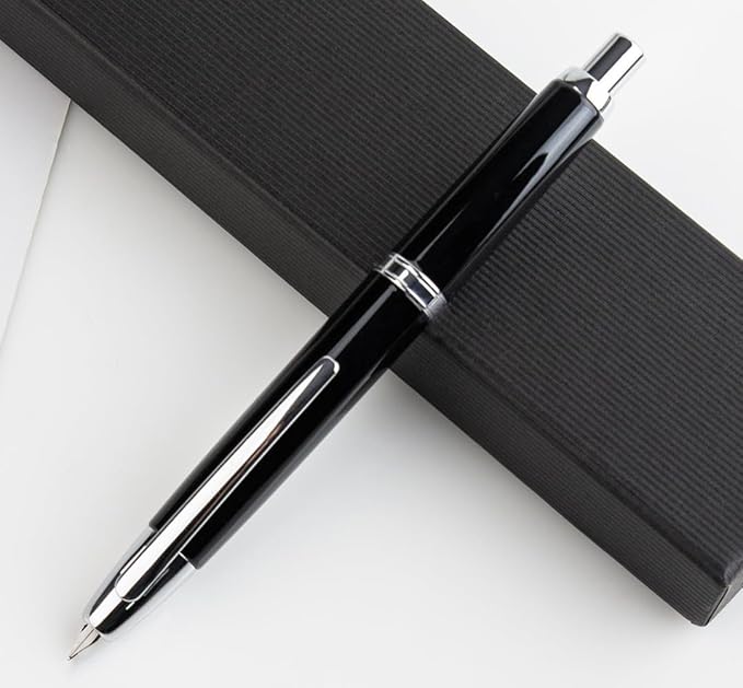 JINHAO 10 Press Fountain Pen, Retractable Metal Pen with Ink Converter (F Nib 0.5mm, Bright Black)