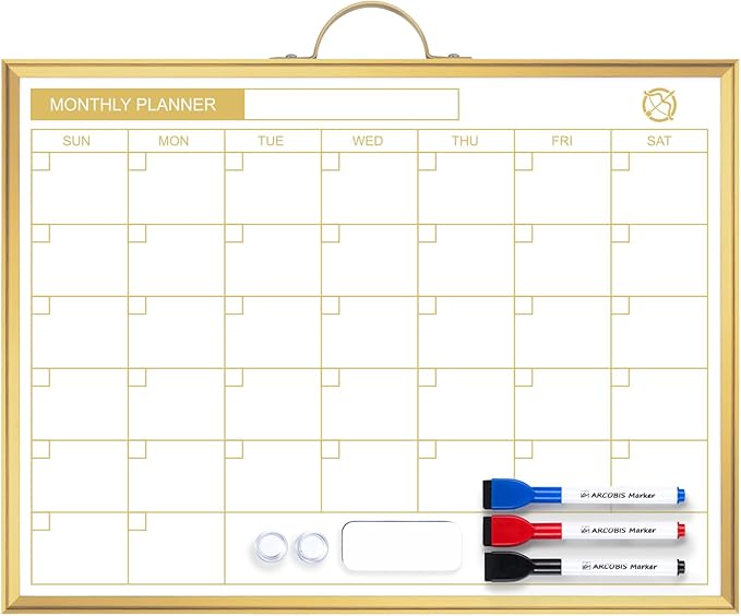 Monthly Dry Erase Board for Wall with Monthly Calendar (Gold)