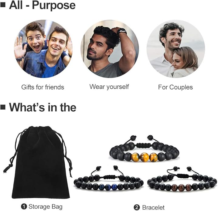 M MOOHAM Natural Stone Bracelets for Men - 8mm Tiger Eye | Matte Agate | Lava Rock Bracelets for Men Teen Boys Gifts Birthday Anniversary Christmas Gifts for Men Teens