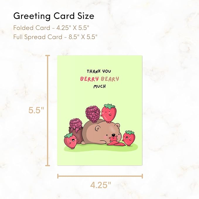 ALY LOU Cute Thank You Card, Thank U Greeting Note Card for Business, Teacher, Wedding, Birthday, Baby Shower, Blank Inside (Thank you Berry Beary Much)