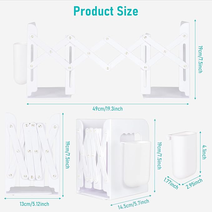 SAYEEC Adjustable Bookends with Pen Holder Expandable Book Ends for Heavy Books Plastic Desk Book Holder Stand Stopper Rack Magazine Binder Organizer for Shelves Bookcase Office School Home (White)