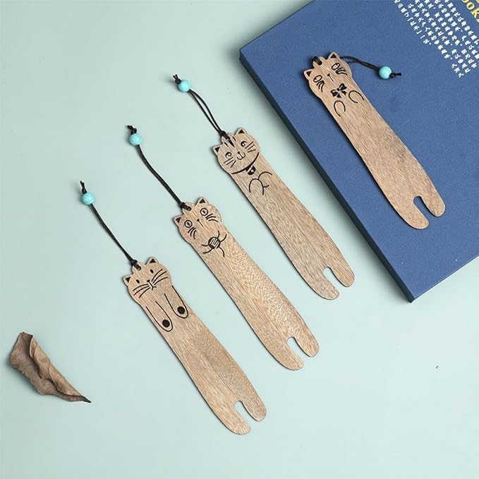 Wood Cat Bookmarks - Set of 4 Cute Bookmarks Aesthetic, Wooden Bookmarks Anime Cat Bookmark for Women Girl Kids, Kawaii Bookmark for Book Lover Cat Lover Friends Best Gifts (Nanmu)