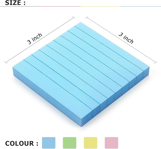 Lined Sticky Notes 3x3 Sticky Notes with Lines Self-Stick Notes Bright Color 4 Pads 90 Sheets/Pad (Pastel)
