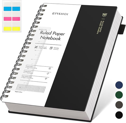 EMSHOI A4 Spiral Notebook Lined Journal, 11.2" X 8.27", 300 Pages/150 Sheets, 100gsm Thick Paper, Waterproof Softcover, Twin-Wire Binding, for School Work Writing Note Taking-Black