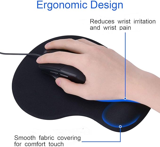 JIKIOU Mouse Pad, 2 Pack Ergonomic Mouse Pads with Comfortable Gel Wrist Rest Support and Lycra Cloth, Non-Slip PU Base for Easy Typing Pain Relief Durable and Easy to Clean Small Black