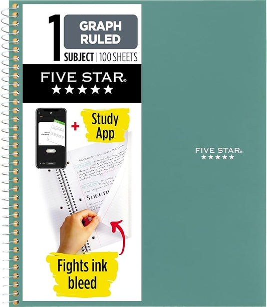 Five Star Spiral Notebook + Study App, 1 Subject, Graph Ruled Paper, Fights Ink Bleed, Water Resistant Cover, 8-1/2" x 11", 100 Sheets, Seaglass Green (620000CH1)