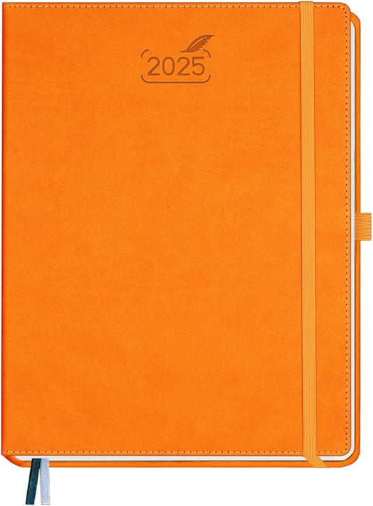 BEZEND 2025 Planner Daily Weekly & Monthly 8.5" x 11" (Jan - Dec 2025) Agenda 2025 Vertical Calendar Book with Hourly Schedule, Monthly Tabs, Pen Holder, Vegan Leather Hard Cover - Orange