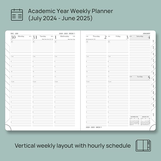 POPRUN Planner 2024-2025, [Medium 6.5'' x 8.5'' Hard Cover] Academic Calendar (July 24-June 25) Daily Weekly and Monthly Appointment Book with Hourly Time Slots, Monthly Tabs, 100 GSM - Pacific Green