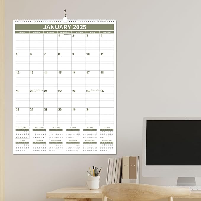 Large Calendar 2025-2026 with Spiral Bound - 18 Month Big Calendar from Jan 2025 to Jun 2026, Vertical Large Monthly Calendar 2025-2026 for Wall, Calendario 2025, 22" x 17", Cyan