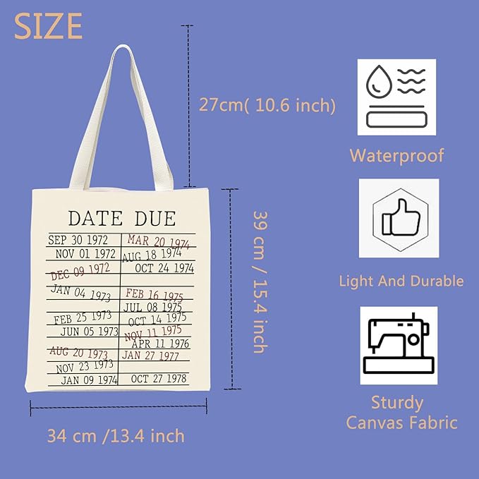 Library Book Date Due Book Sleeve Gift Book Bag Gift for Book Lover Librarian Gift Bookish Gift (Date Due Tote Bag)