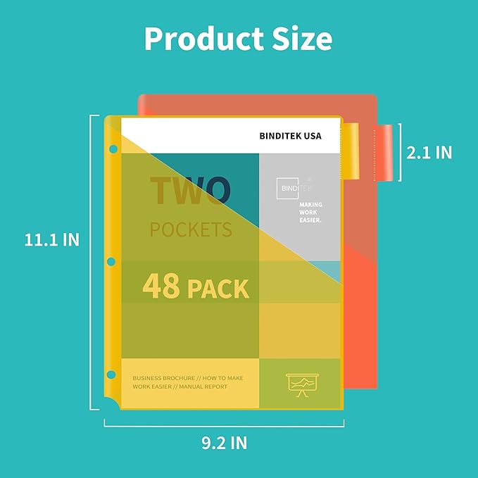 Binditek 48 Pack Plastic 8-Tab Binder Dividers with 2 Pockets, Tab Insertable Poly Pocket Dividers for 3 Ring Binders, Letter Size, Multicolor, Writable Label Cards, for Students and Coworkers, 6 Set