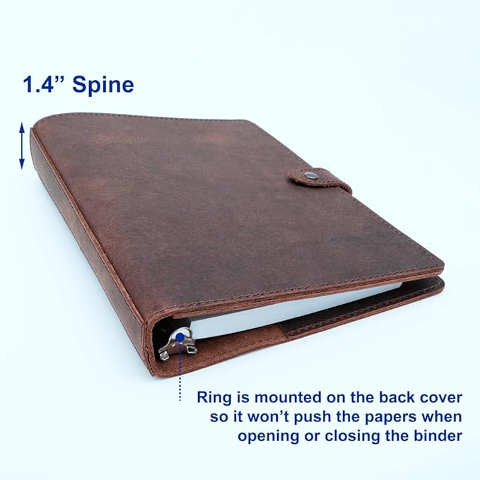 Fan&Ran Lined Leather Journal, 100 Sheets of College Ruled Paper 5.5"x8.5", 1" Rings Mini Binder, Interior Pockets, Refillable
