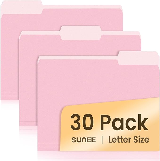 SUNEE File Folders, 30 Pack Manilla Folders 8.5 x 11, Colored File Folders Home Office School Supplies for Documents Files Paper, Pink