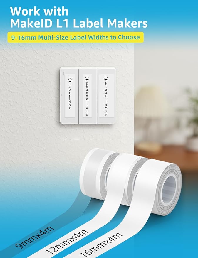 MakeID Label Maker Tape - Self-Adhesive Sticker Label Tape Refill Compatible with MakeID L1 Q1 Label Machine - Waterproof 6-Layer Laminated Film, Split-Back Design, 0.63"x13' (16mm x 4m)