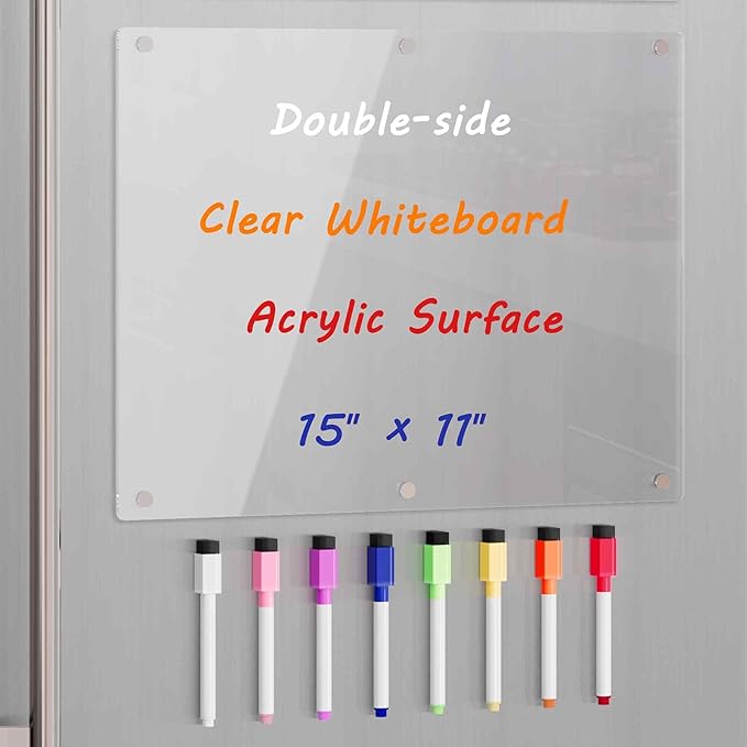 Acrylic Magnetic Dry Erase Board for Fridge, Clear Whiteboard for Refrigerator, Notepad Memo to Do/Grocery List White Board, w/ 8 Colors Markers, 15"x11"