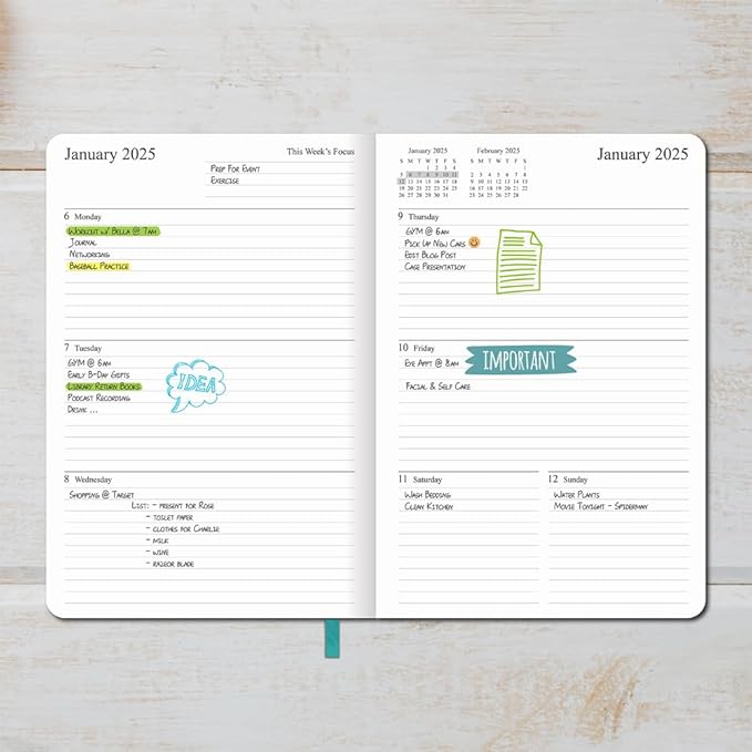 2025 Planner - Weekly and Monthly Planner Jan to Dec 2025, Holidays, Contacts and Notes Pages, Vegan Leather Cover, Elastic Closure, 5.5”x8.25”, Teal