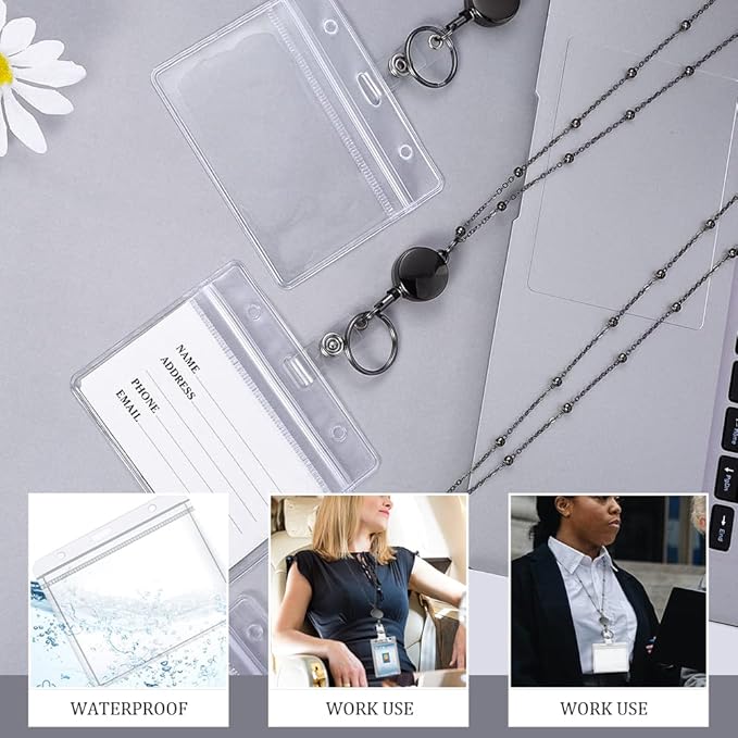 3 Pack Lanyards for Id Badges with 6 Pcs Id Badge Holder Retractable Badge Holders Stainless Steel Teacher Lanyard Cruise Ship Lanyards for Girl Women (Black)