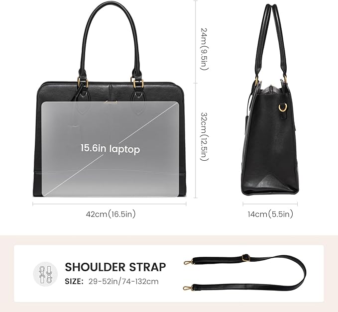 LOVEVOOK Laptop Bag for Women, Work Tote Bags 15.6 inch Computer Bags for Laptops for Women Purse, Large Vintage PU Leather Waterproof Business Office Briefcase, Black
