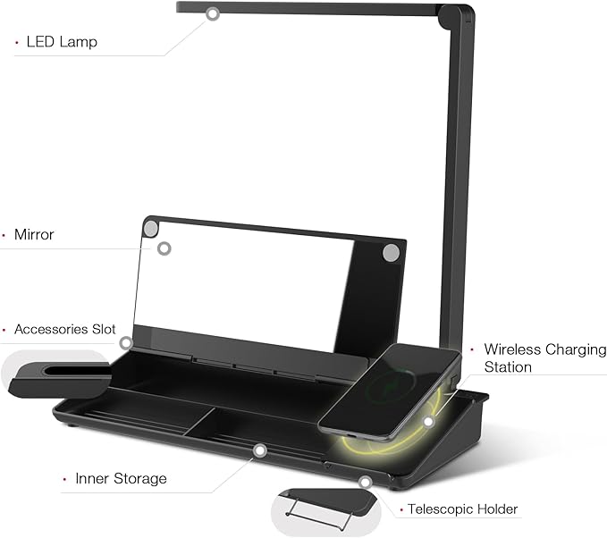 Small Desk whiteboard - Glass Dry Erase White Board- Desk Computer Buddy with Fast Charger Charging Station, Desk Board Buddy with Adjustable Foldable Desk Lamp, Dry Erase Notepad, Black, 17 x 6 in