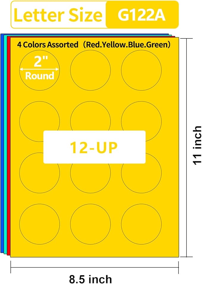 2 Inch Colored Round Labels,4 Colors Assorted(Red,Yellow,Blue,Green),20 Sheets,240 Tags in Total,Color Coding Labels for Laser/Inkjet Printers,2" Colorful Dot Stickers,Letter Size