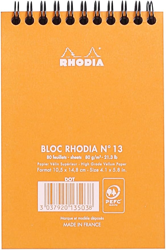 RHODIA 13503C - Spiral Notebook (Full Bound) Orange - A6 - Dotted Dot - 80 Detachable Sheets - 80G Clairefontaine Paper - Soft and Resistant Coated Card Cover - Classic
