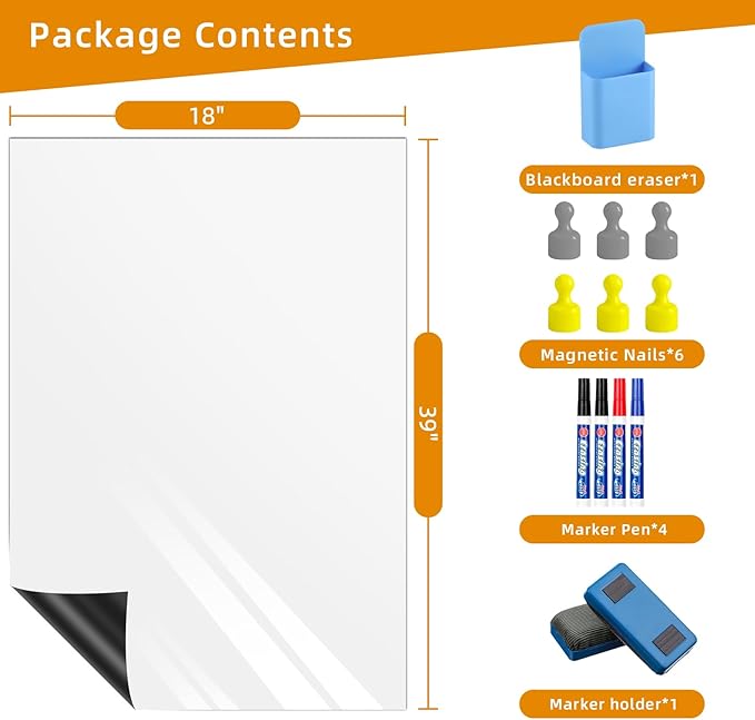 Magnetic Whiteboard Contact Paper, 18" x 39" Stick on Magnetic Dry Erase White Board Sticker on Wall, Easy to Write for Kids Drawing, School, Office, Kitchen Fridge
