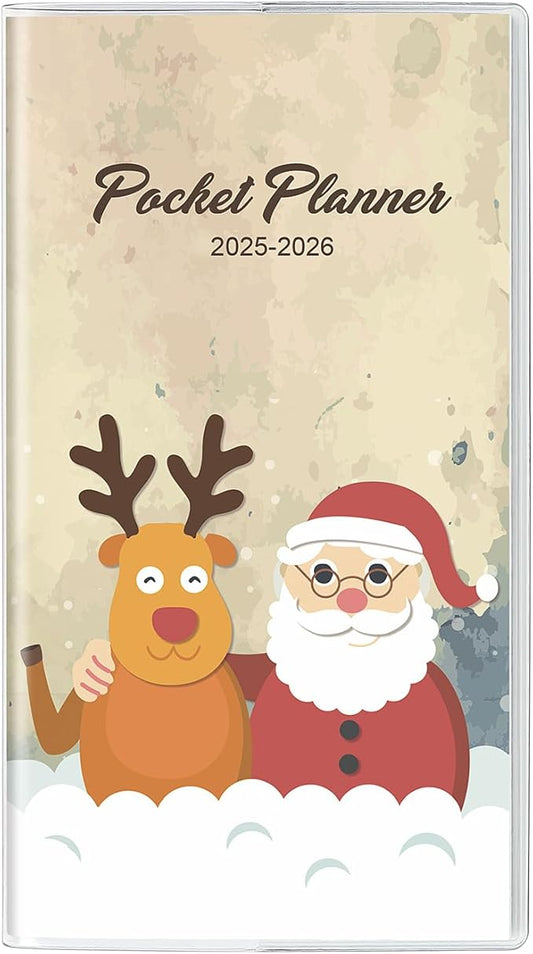 Christmas Pocket Calendar 2025-2026, 2025 Monthly Planner - 3.7" x 6.7" - Runs from January 2025 until December 2026, 2025 Pocket Planner with PVC Cover for Planning, Beige