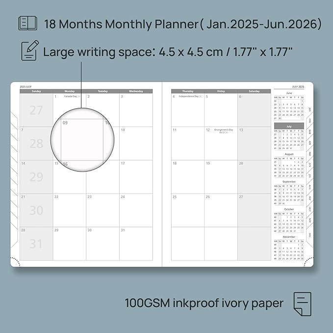 POPRUN Monthly Planner 2025-2026 (Large- 8.5" x 10.5" Soft Cover), 18-Month Calendar Book (January 2025-June 2026), Calendar Planner with Monthly Tabs & Pocket, 100 GSM Paper - Purple