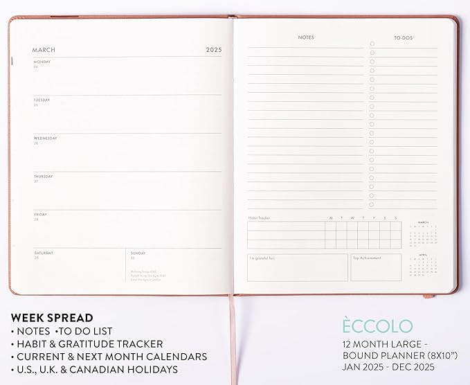 Eccolo 2025 Large Agenda Planner, 12 Month, Yearly, Monthly & Weekly Pages, Habit & Gratitude Tracker (Hardcover - 8 x 10")