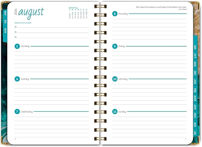 HARDCOVER Academic Year 2024-2025 Planner: (June 2024 Through July 2025) 5.5"x8" Daily Weekly Monthly Planner Yearly Agenda. Bookmark, Pocket Folder and Sticky Note Set (Teal Gold Marble)