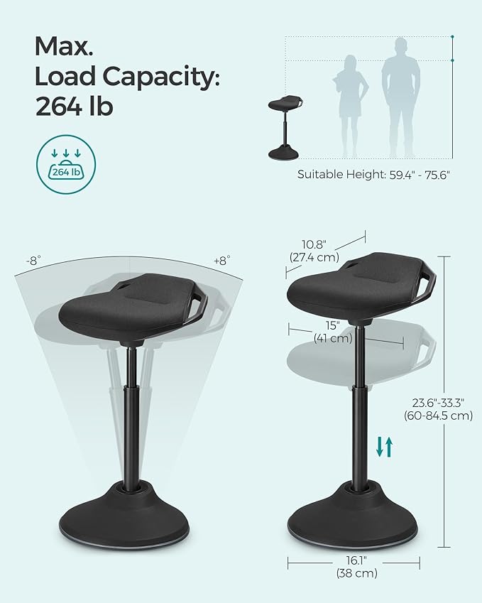 SONGMICS Standing Desk Chair, Adjustable Ergonomic Standing Stool, 23.6-33.3 Inches, Swivel Sitting Balance Chair, Anti-Slip Bottom Pad, Classic Black UOSC02BK