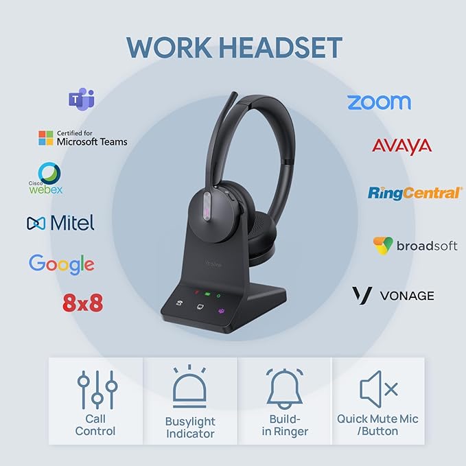 Yealink WH64 Dual Teams DECT & Bluetooth Wireless Headset, 606ft Range, Microsoft Certified, On Ear Work Wired Headphone with 3X Noise Cancelling Mic, 32 Talk Time, Office Desk IP Phone, PC,Computer