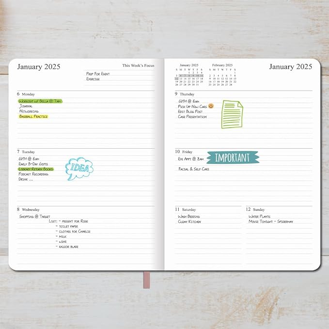 2025 Planner - Weekly and Monthly Planner Jan to Dec 2025, Vegan Leather Cover, Elastic Closure, 7”x9.25”, Rose Gold