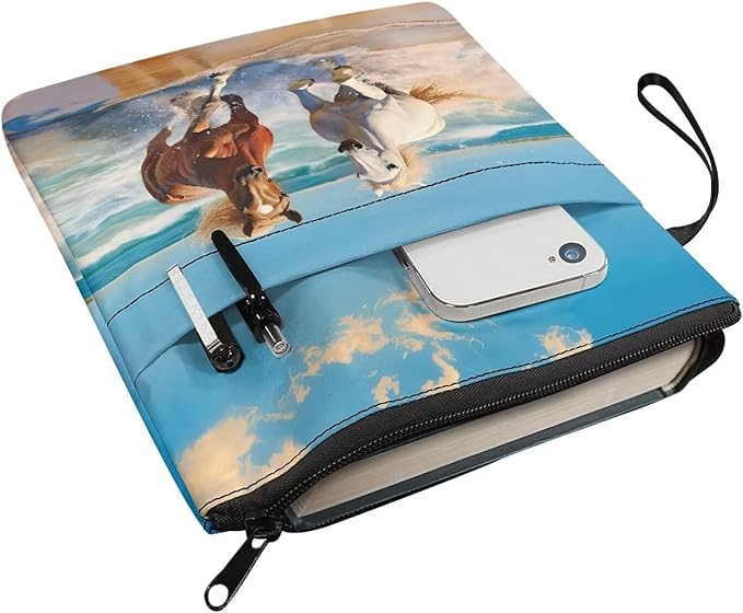 COEQINE Running Horses Book Cover with Zipper for Kids Women Portable Book Pouch Book Lovers Gifts Bookish Gifts Book Cover with Zipper for Hardcover Paperback Washable