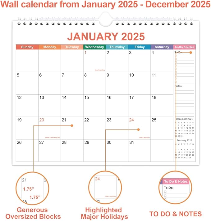 Calendar 2025 - Wall Calendar from January 2025 - December 2025, 2025 Calendar Premium Paper, Twin-Wire Binding & Hanging Hook, 11.5" x 14.5", Colorful